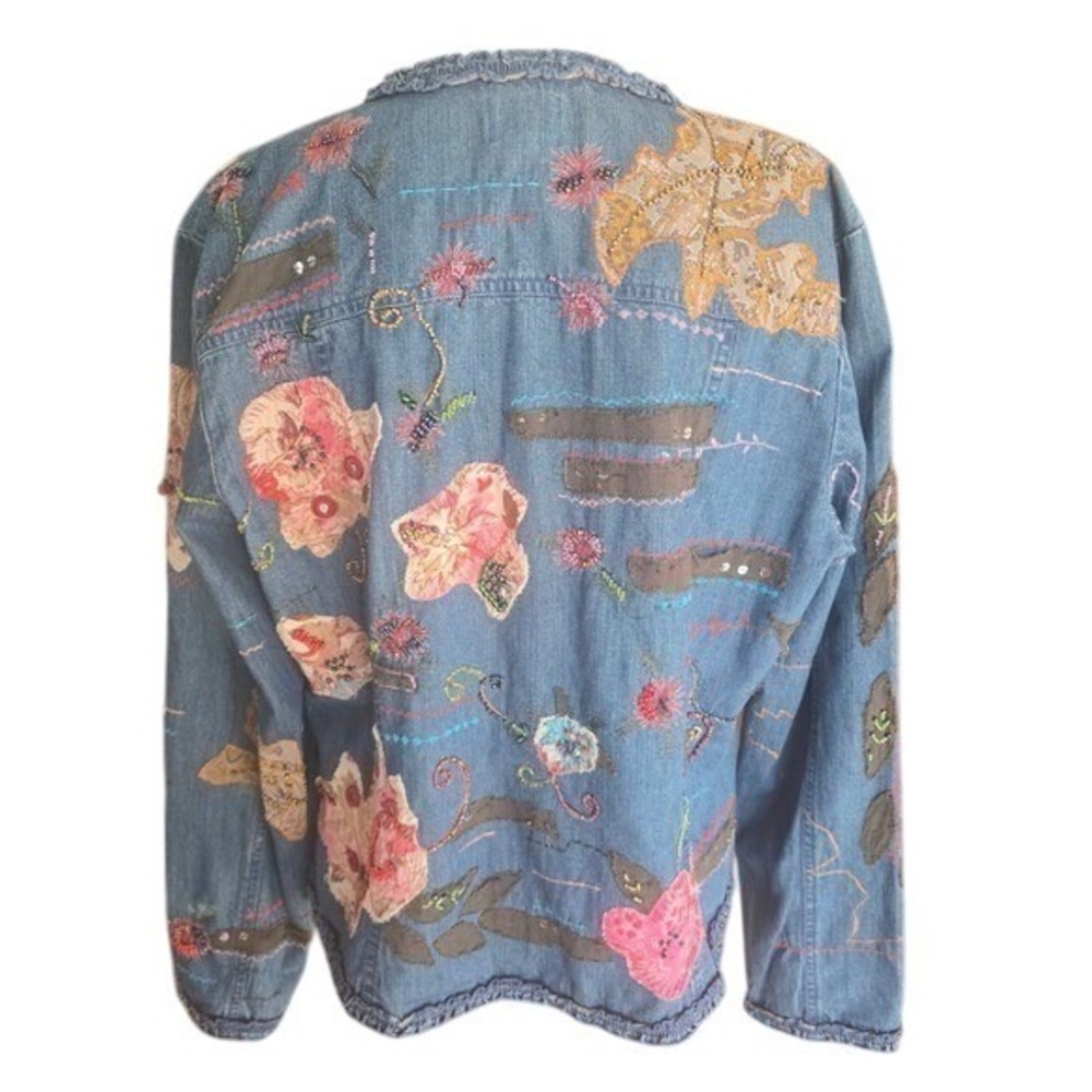 Chicos Denim Jacket Embellished Floral Beaded Embroidered‎ Ruffle Collar Size 1